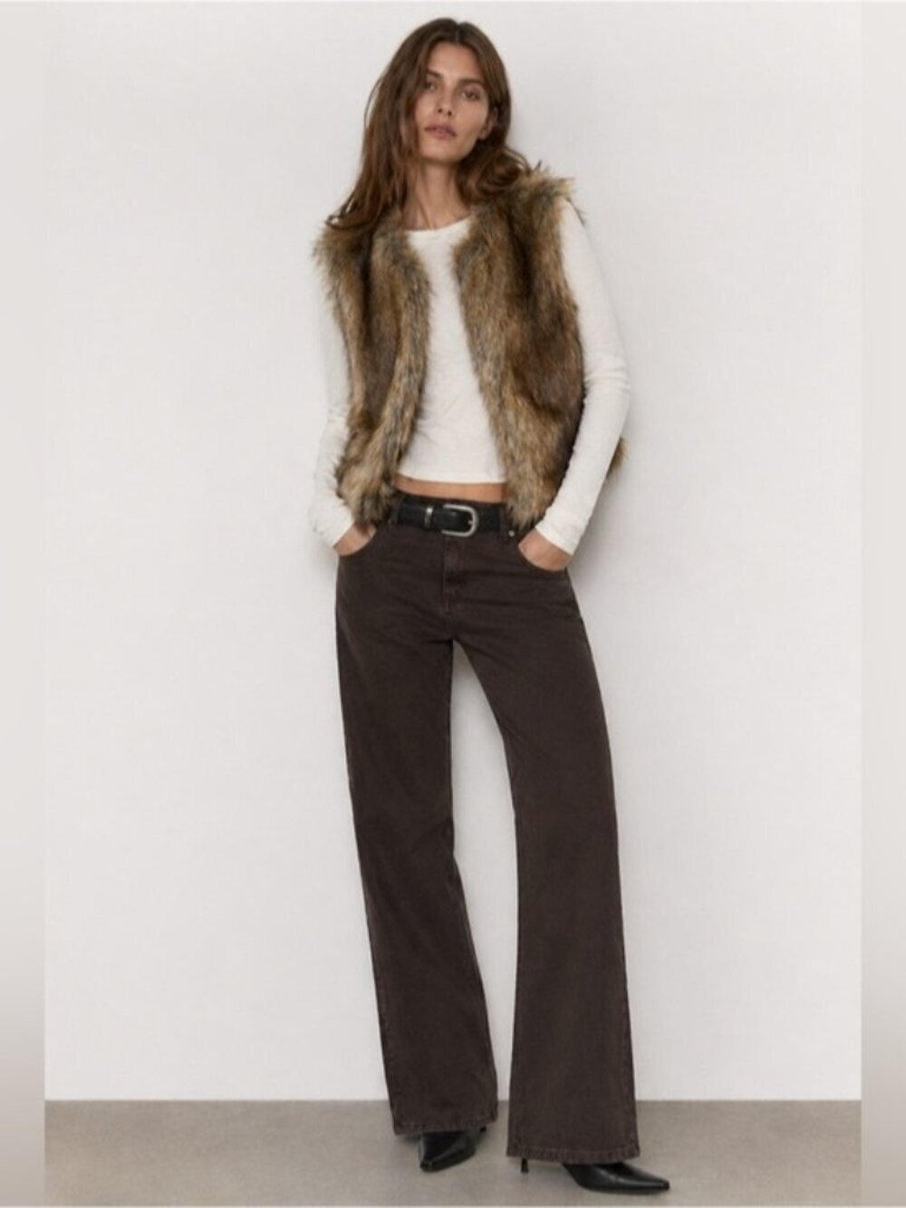 Zara Trafaluc Faux Fur Vest Brown Striped Size S